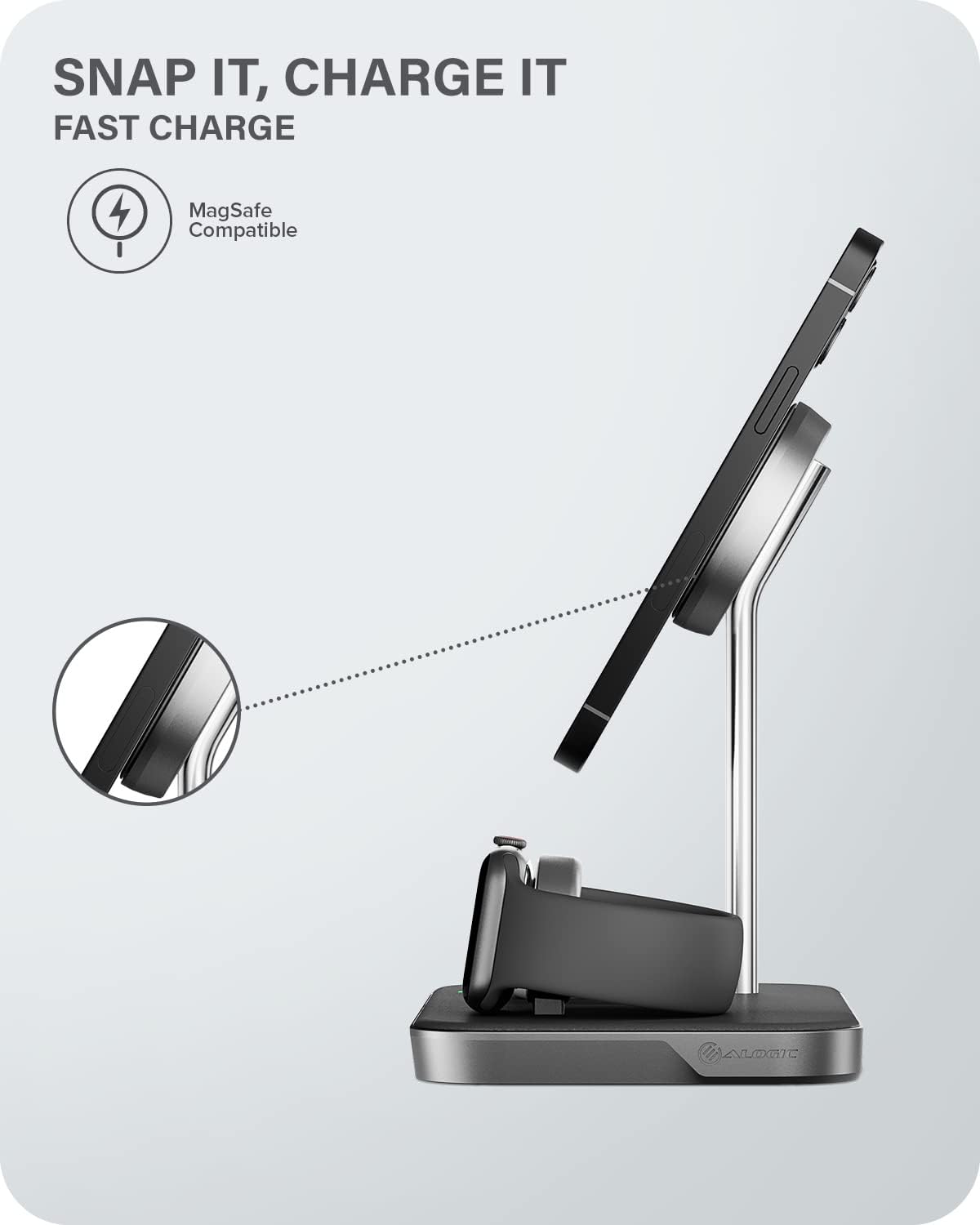 ALOGIC MagSpeed 3-in-1 Wireless Charging Station, MagSafe Compatible for iPhone 12/13 series, Wireless Charging enabled AirPods Case & All Apple Watch Models, LED indicator, Certified safe.