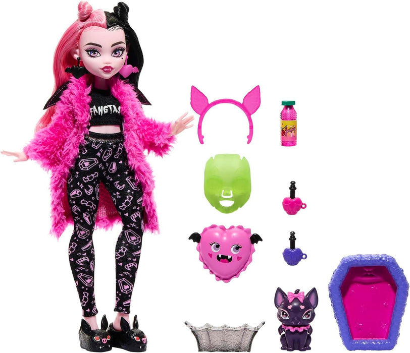 Monster High Doll and Sleepover Accessories, Draculaura Doll Pet Bat Count Fabulous, Creepover Party, HKY66