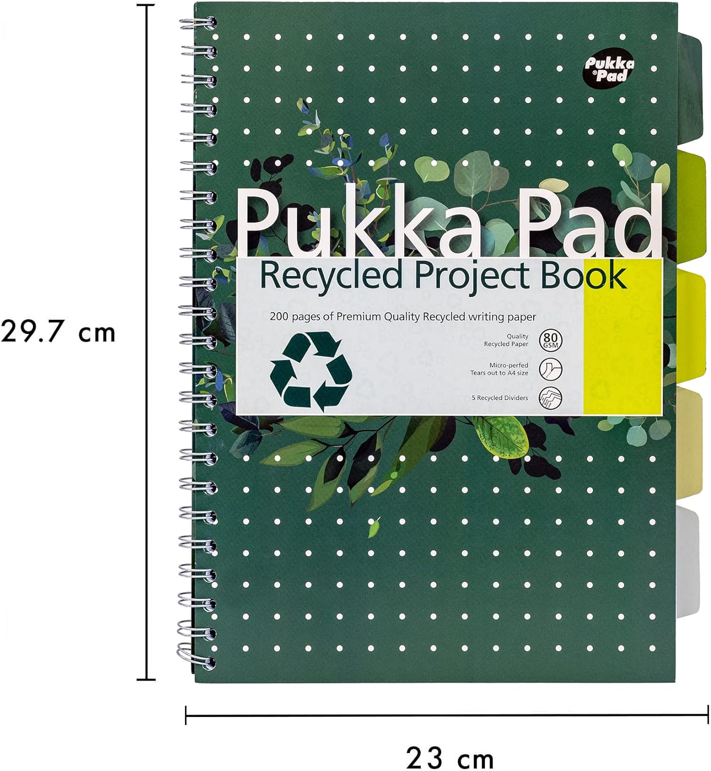 Pukka Pads Réf 6050-REC Cahier de projets à spirale Papier recyclé Feuilles perforées et lignées 5 intercalaires 200 pages 80 g/m² A4 Lot de 3 (Import Royaume Uni
