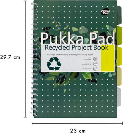 Pukka Pads Réf 6050-REC Cahier de projets à spirale Papier recyclé Feuilles perforées et lignées 5 intercalaires 200 pages 80 g/m² A4 Lot de 3 (Import Royaume Uni