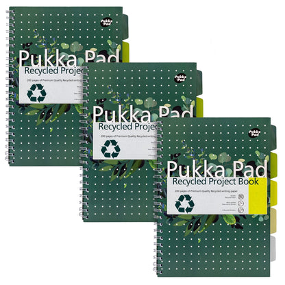 Pukka Pads Réf 6050-REC Cahier de projets à spirale Papier recyclé Feuilles perforées et lignées 5 intercalaires 200 pages 80 g/m² A4 Lot de 3 (Import Royaume Uni