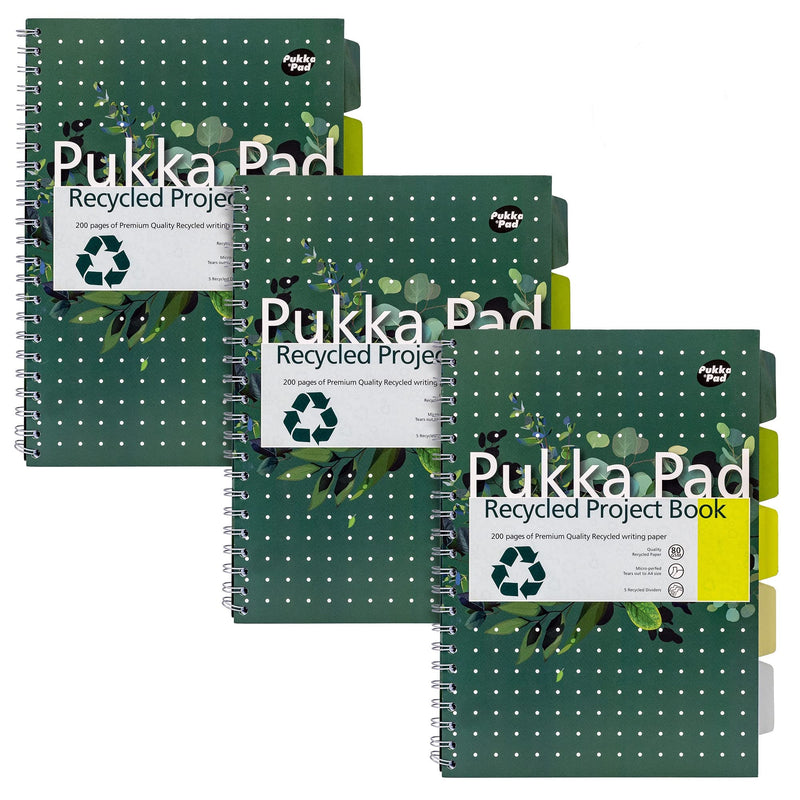 Pukka Pads Réf 6050-REC Cahier de projets à spirale Papier recyclé Feuilles perforées et lignées 5 intercalaires 200 pages 80 g/m² A4 Lot de 3 (Import Royaume Uni