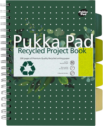 Pukka Pad, Recycled Double Spiral Bound B5 Project Book with 4 Dividers - 80GSM FSC Recycled Paper with Perforated and 4-Hole Punched Margins – Recycle Alongside other Household Items-Pack of 3