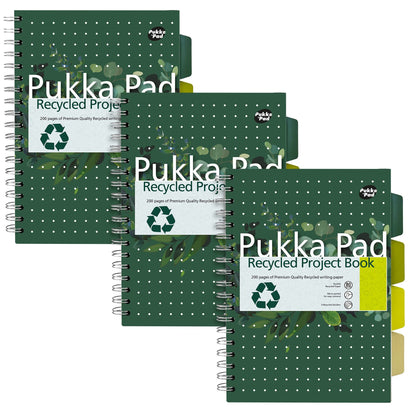 Pukka Pad, Recycled Double Spiral Bound B5 Project Book with 4 Dividers - 80GSM FSC Recycled Paper with Perforated and 4-Hole Punched Margins – Recycle Alongside other Household Items-Pack of 3