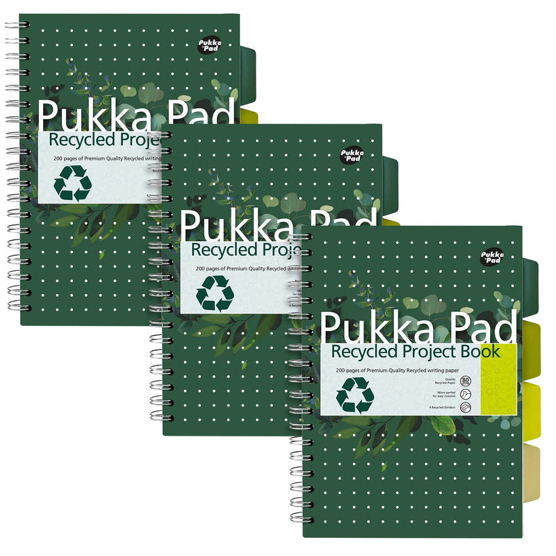 Pukka Pad, Recycled Double Spiral Bound B5 Project Book with 4 Dividers - 80GSM FSC Recycled Paper with Perforated and 4-Hole Punched Margins – Recycle Alongside other Household Items-Pack of 3