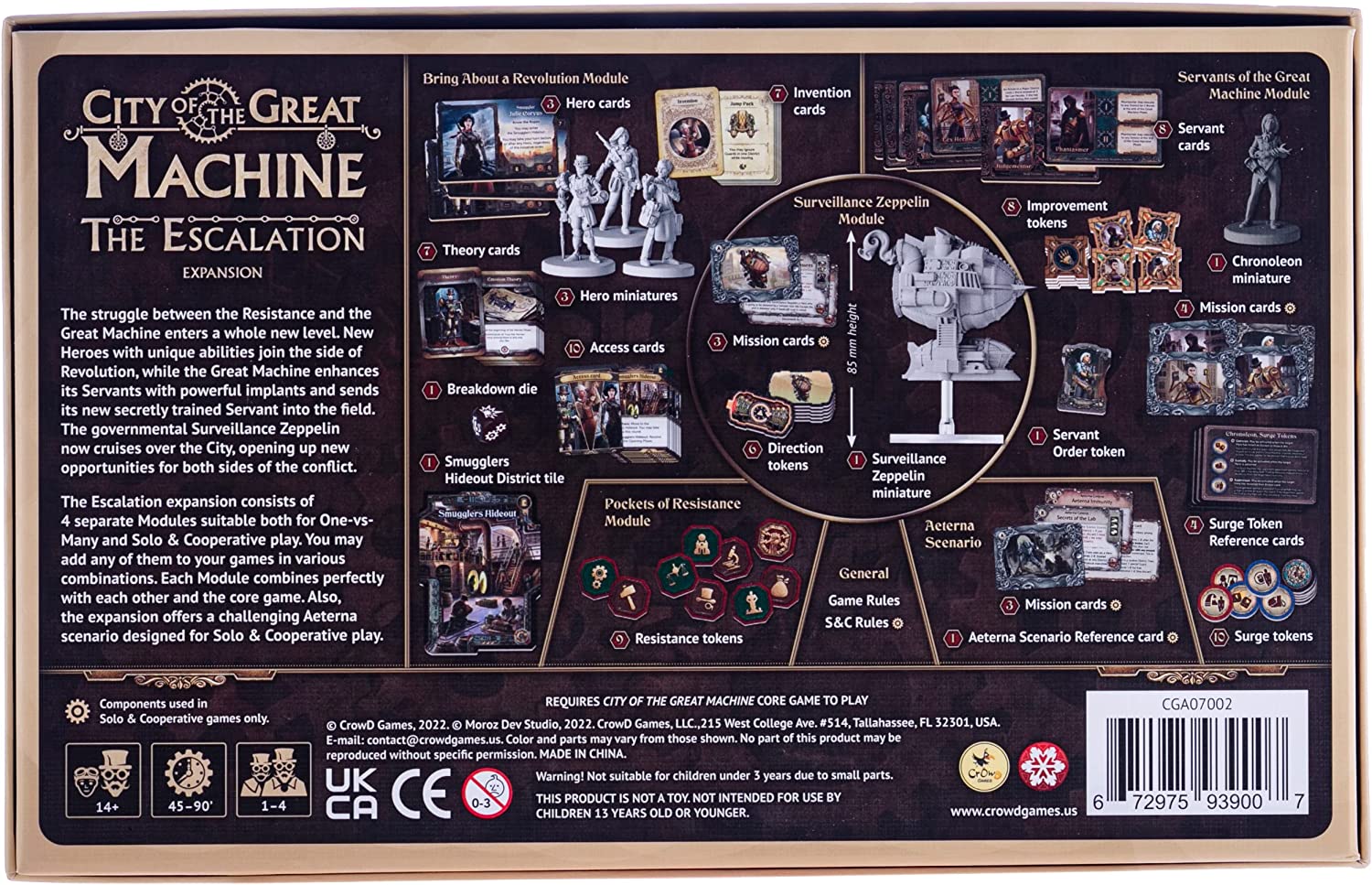 City of The Great Machine. The Escalation Board Game Expansion |1-4 Players | Ages 14 and up | Steampunk | One-vs-Many | Hidden Movement | Cooperative & Solo | Average Playtime 60-90 min