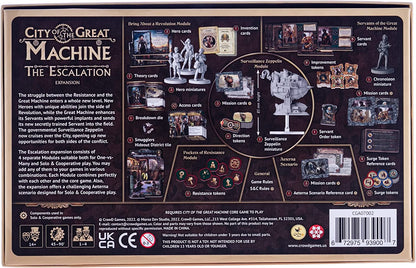 City of The Great Machine. The Escalation Board Game Expansion |1-4 Players | Ages 14 and up | Steampunk | One-vs-Many | Hidden Movement | Cooperative & Solo | Average Playtime 60-90 min