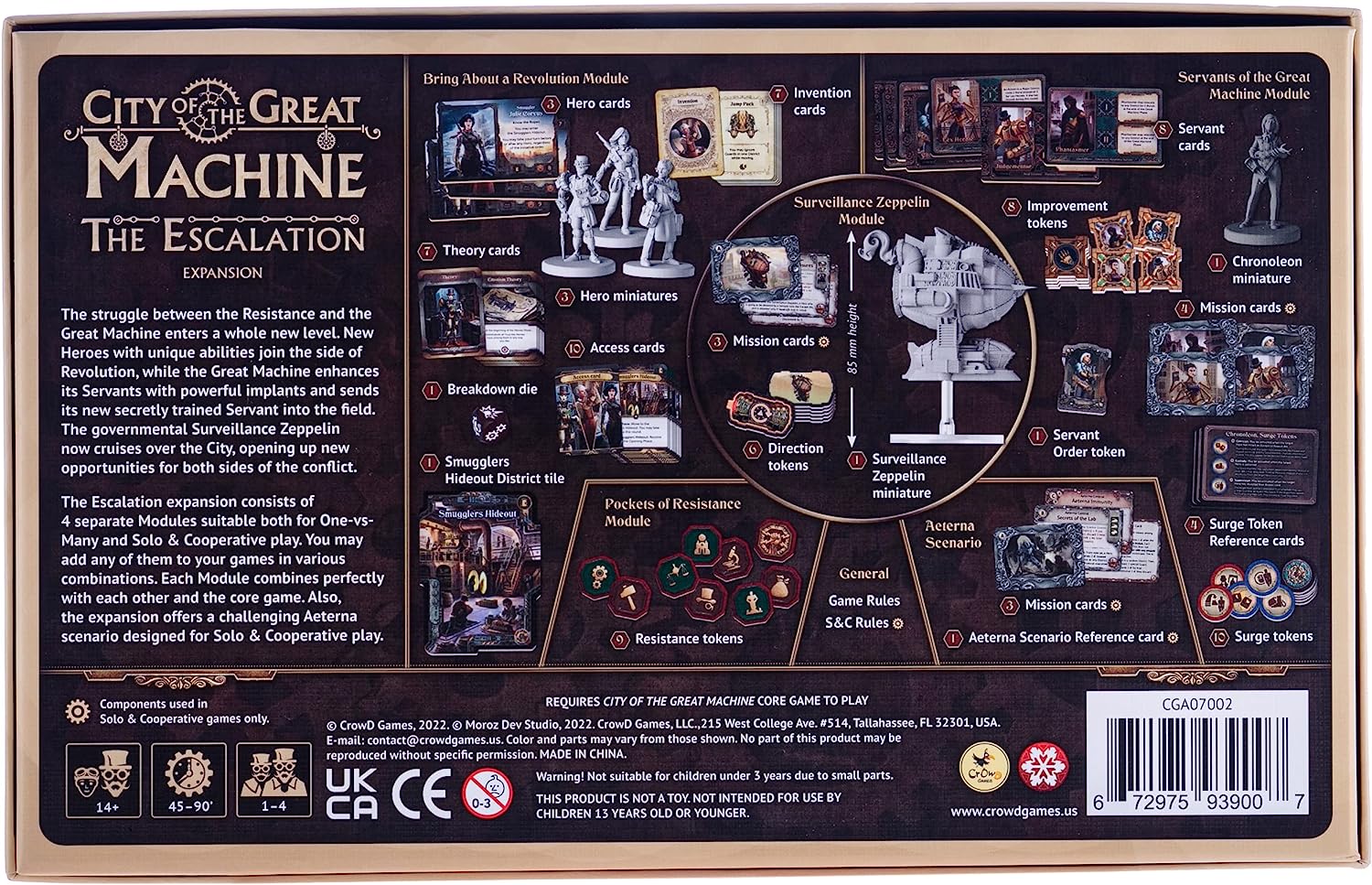 City of The Great Machine. The Escalation Board Game Expansion |1-4 Players | Ages 14 and up | Steampunk | One-vs-Many | Hidden Movement | Cooperative & Solo | Average Playtime 60-90 min