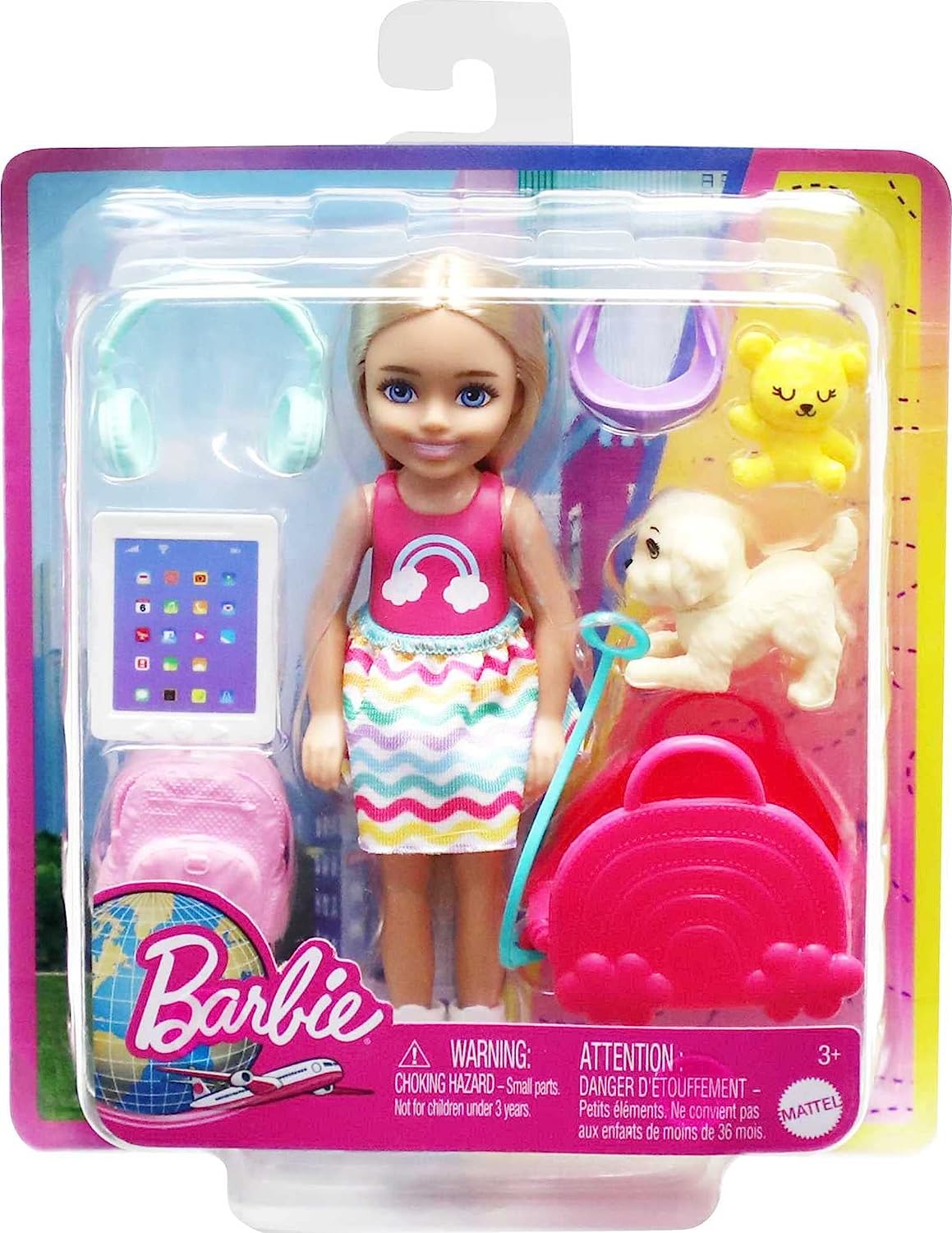 Barbie Toys, Chelsea Doll and Accessories, Travel Set with Puppy and 6 Pieces Including Pet Carrier, HJY17