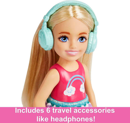 Barbie Toys, Chelsea Doll and Accessories, Travel Set with Puppy and 6 Pieces Including Pet Carrier, HJY17