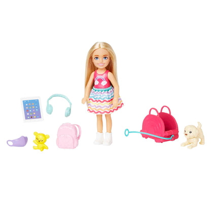 Barbie Toys, Chelsea Doll and Accessories, Travel Set with Puppy and 6 Pieces Including Pet Carrier, HJY17