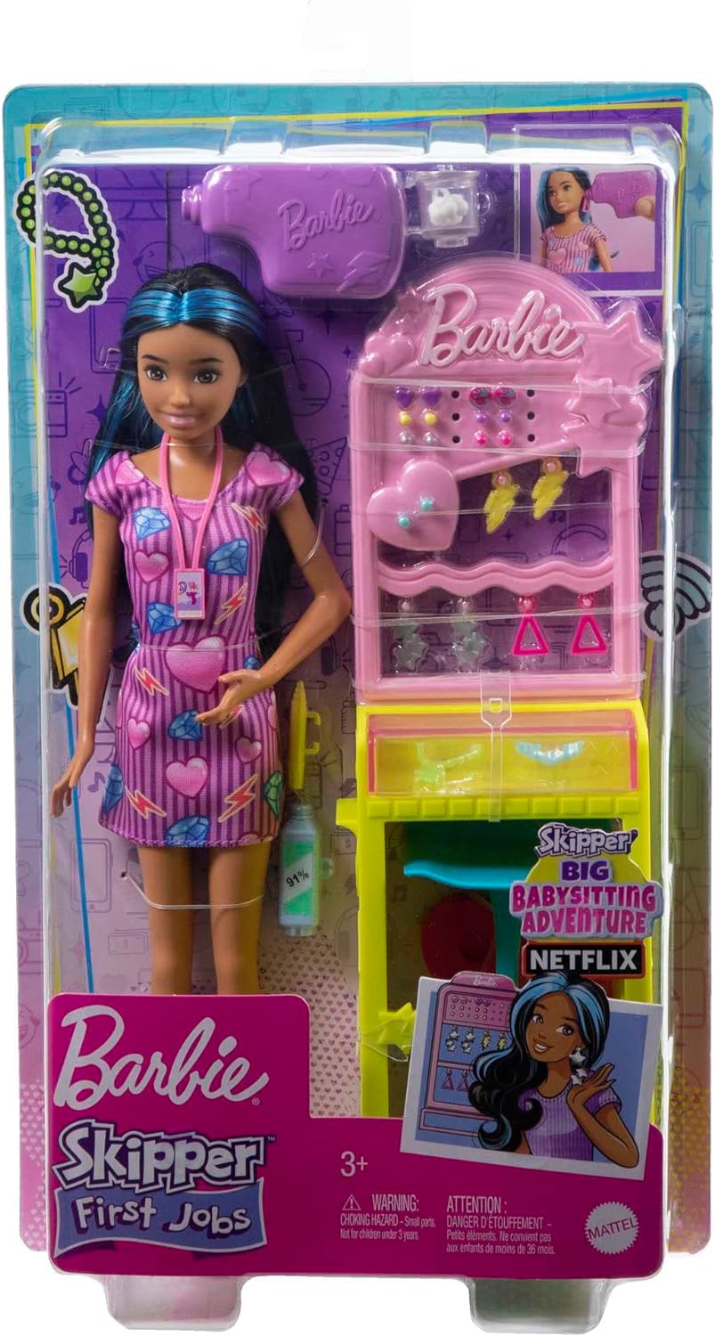Barbie Toys, Skipper Doll and Ear-Piercer Station with Piercing Tool, 10 Pairs of Earrings and 5+ Additional Accessories, First Jobs, HKD78 Beautician