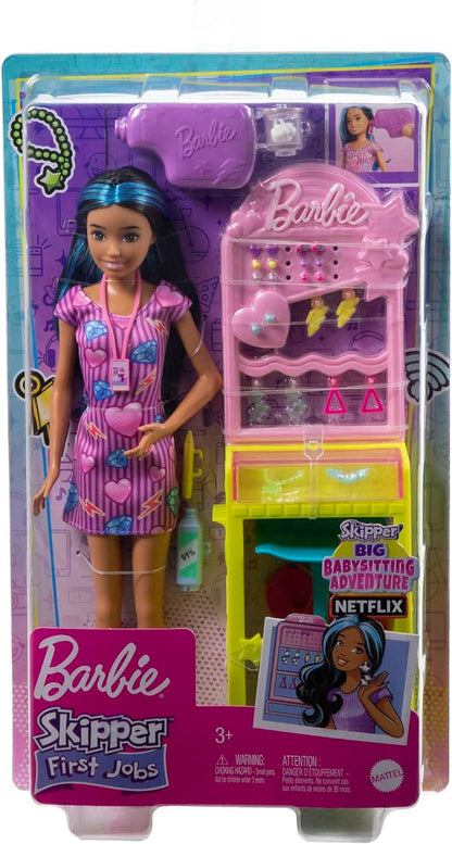 Barbie Toys, Skipper Doll and Ear-Piercer Station with Piercing Tool, 10 Pairs of Earrings and 5+ Additional Accessories, First Jobs, HKD78 Beautician