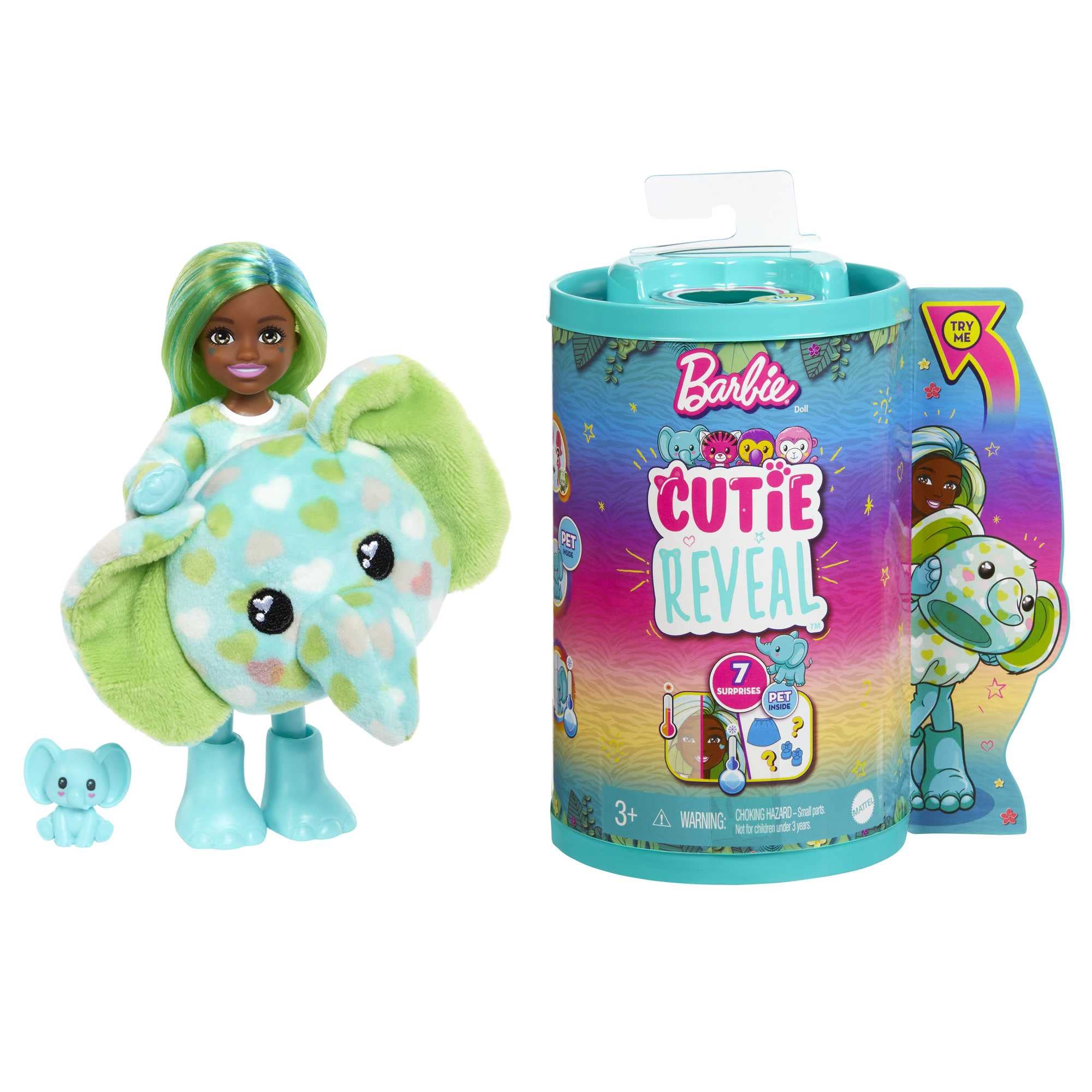 Barbie Small Dolls and Accessories, Cutie Reveal Chelsea Doll with Elephant Plush Costume & 7 Surprises Including Color Change, Jungle Series Dress