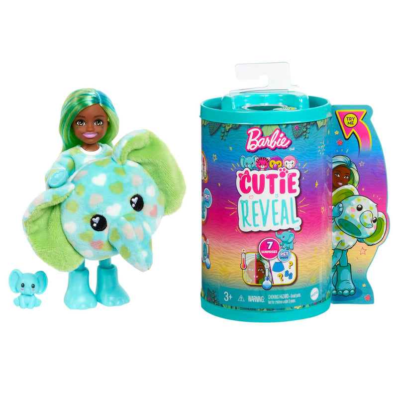 Barbie Small Dolls and Accessories, Cutie Reveal Chelsea Doll with Elephant Plush Costume & 7 Surprises Including Color Change, Jungle Series Dress
