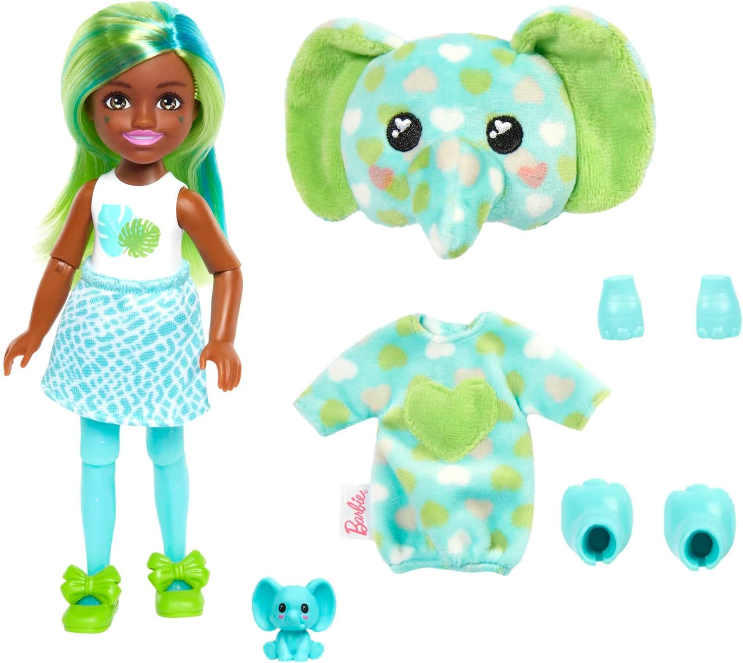 Barbie Small Dolls and Accessories, Cutie Reveal Chelsea Doll with Elephant Plush Costume & 7 Surprises Including Color Change, Jungle Series Dress