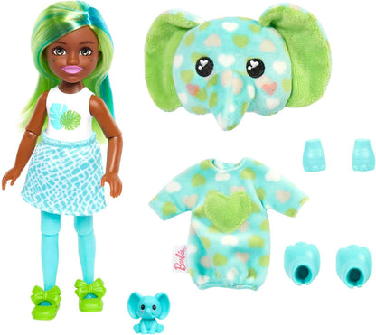 Barbie Small Dolls and Accessories, Cutie Reveal Chelsea Doll with Elephant Plush Costume & 7 Surprises Including Color Change, Jungle Series Dress