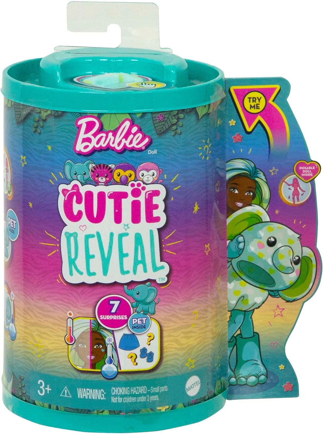 Barbie Small Dolls and Accessories, Cutie Reveal Chelsea Doll with Elephant Plush Costume & 7 Surprises Including Color Change, Jungle Series Dress