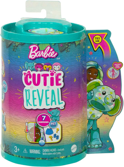 Barbie Small Dolls and Accessories, Cutie Reveal Chelsea Doll with Elephant Plush Costume & 7 Surprises Including Color Change, Jungle Series Dress