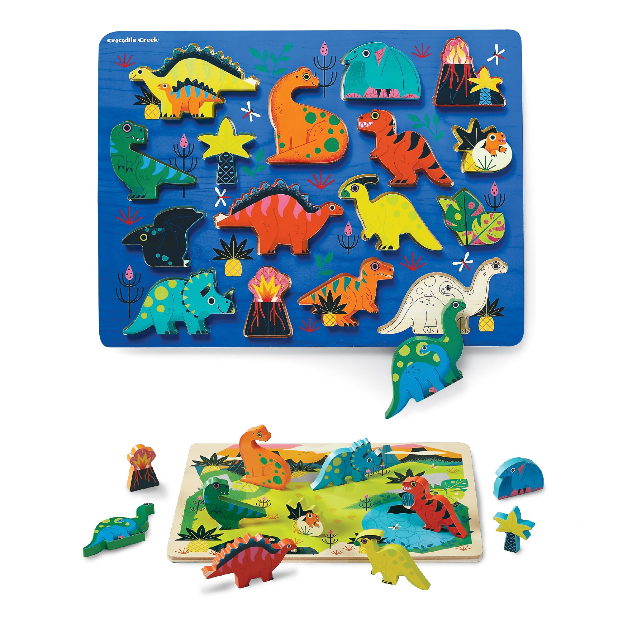 Crocodile Creek - Dinosaurs 16 Piece Wood Puzzle and Playset, Chunky Wooden Pieces Stand-Up with Play Scene on The Back, for Ages 2+, 1 EA