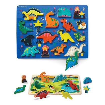Crocodile Creek - Dinosaurs 16 Piece Wood Puzzle and Playset, Chunky Wooden Pieces Stand-Up with Play Scene on The Back, for Ages 2+, 1 EA