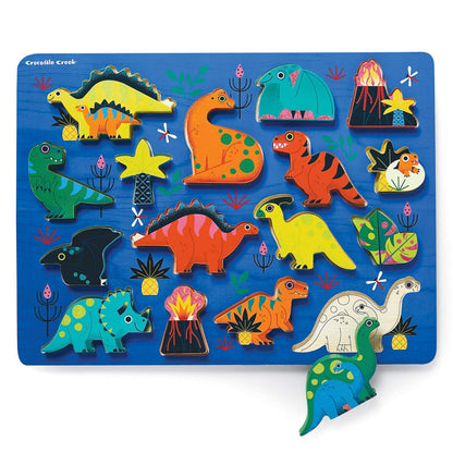 Crocodile Creek - Dinosaurs 16 Piece Wood Puzzle and Playset, Chunky Wooden Pieces Stand-Up with Play Scene on The Back, for Ages 2+, 1 EA
