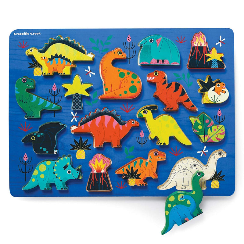 Crocodile Creek - Dinosaurs 16 Piece Wood Puzzle and Playset, Chunky Wooden Pieces Stand-Up with Play Scene on The Back, for Ages 2+, 1 EA