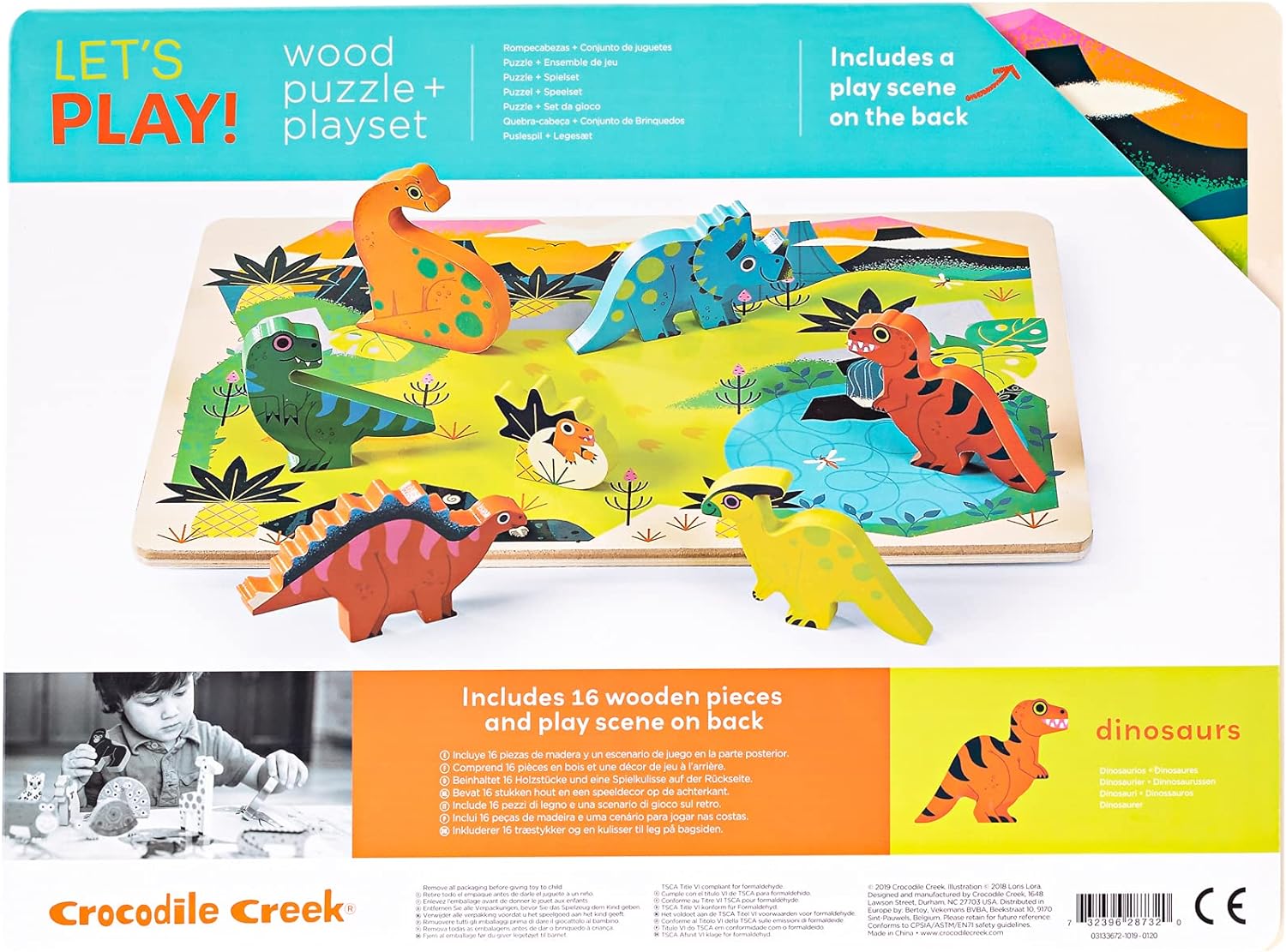 Crocodile Creek - Dinosaurs 16 Piece Wood Puzzle and Playset, Chunky Wooden Pieces Stand-Up with Play Scene on The Back, for Ages 2+, 1 EA