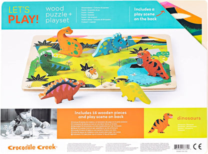 Crocodile Creek - Dinosaurs 16 Piece Wood Puzzle and Playset, Chunky Wooden Pieces Stand-Up with Play Scene on The Back, for Ages 2+, 1 EA