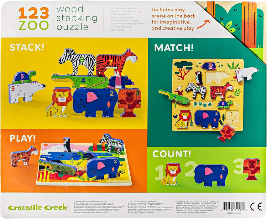 Crocodile Creek 31001 10 pcs Stacking Wood Puzzle/123 Zoo Puzzles, Multicoloured, único