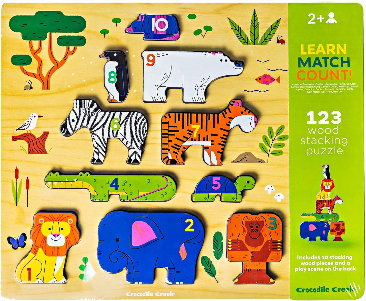 Crocodile Creek 31001 10 pcs Stacking Wood Puzzle/123 Zoo Puzzles, Multicoloured, único