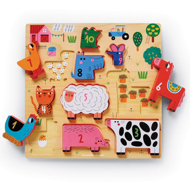 Crocodile Creek 31002 10 pcs Stacking Wood Puzzle/123 Barnyard Puzzles, Multicoloured, único