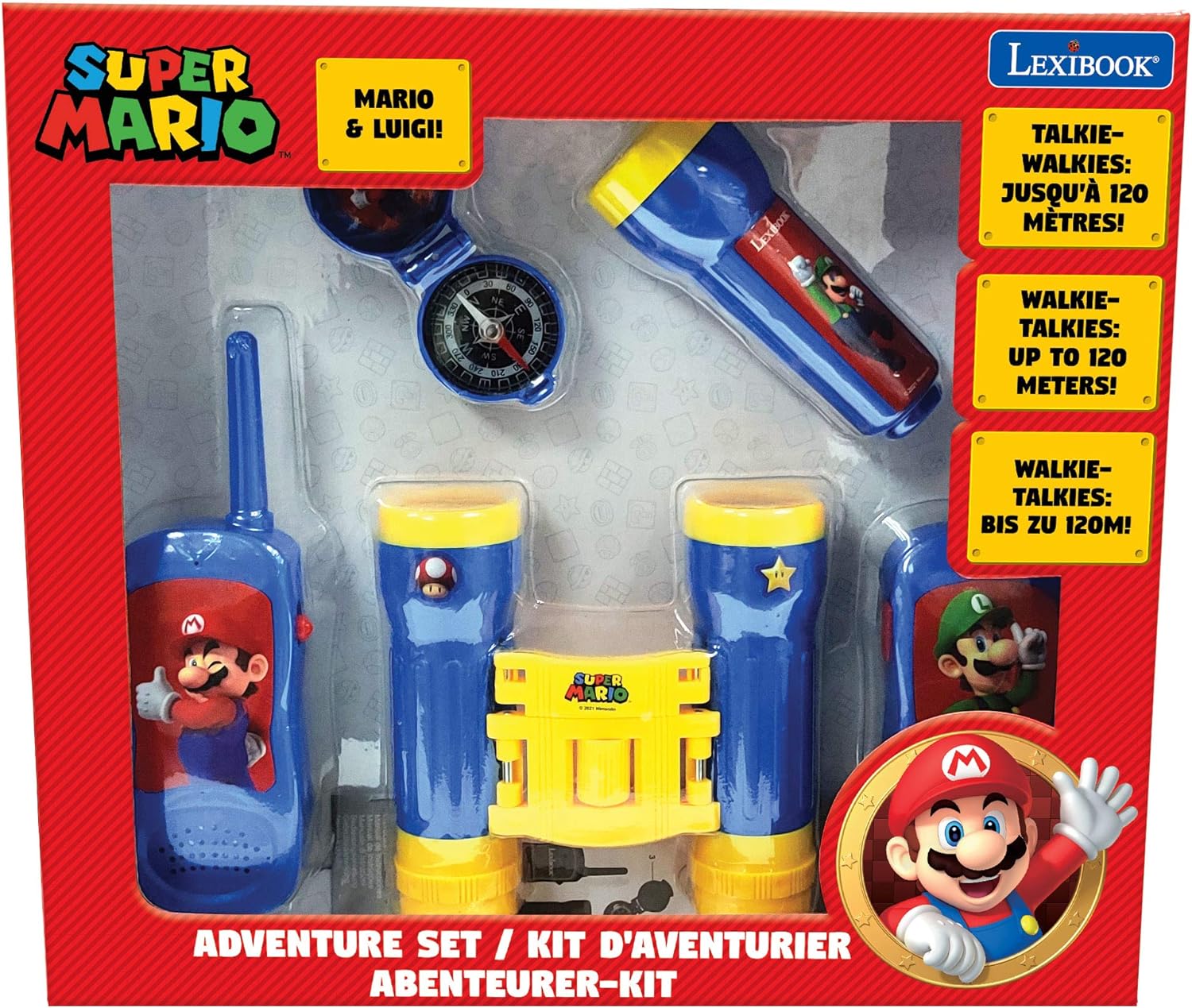 Lexibook RPTW12NI Nintendo Super Mario-avonturierset voor kinderen, Walkie-talkies, verrekijker, kompas, zaklamp, blauw/geel
