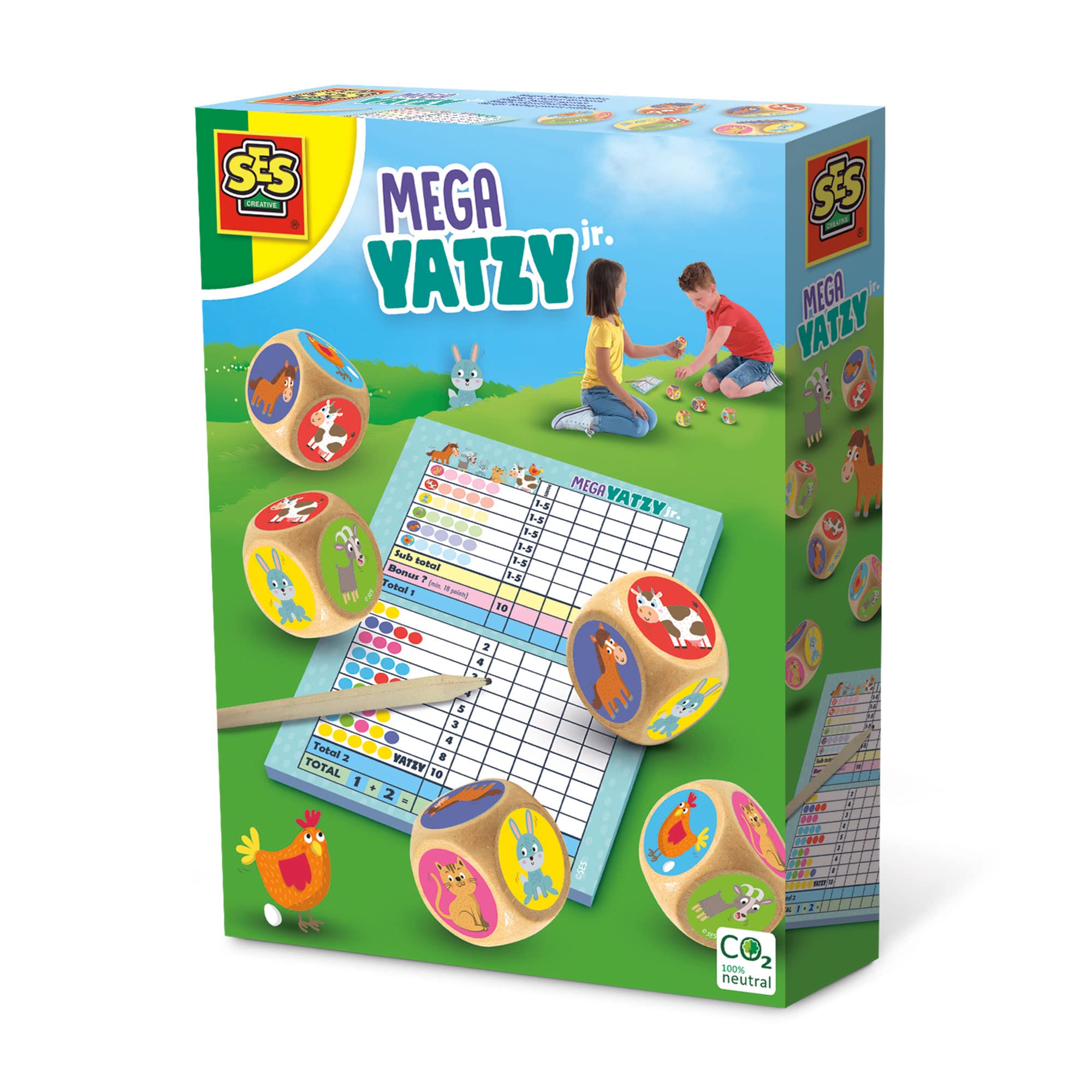 SES Creative 02294 - Mega-Yatzy Junior, 5 extragroße Holzwürfel, Gartenspiel für Kinder, Weiß