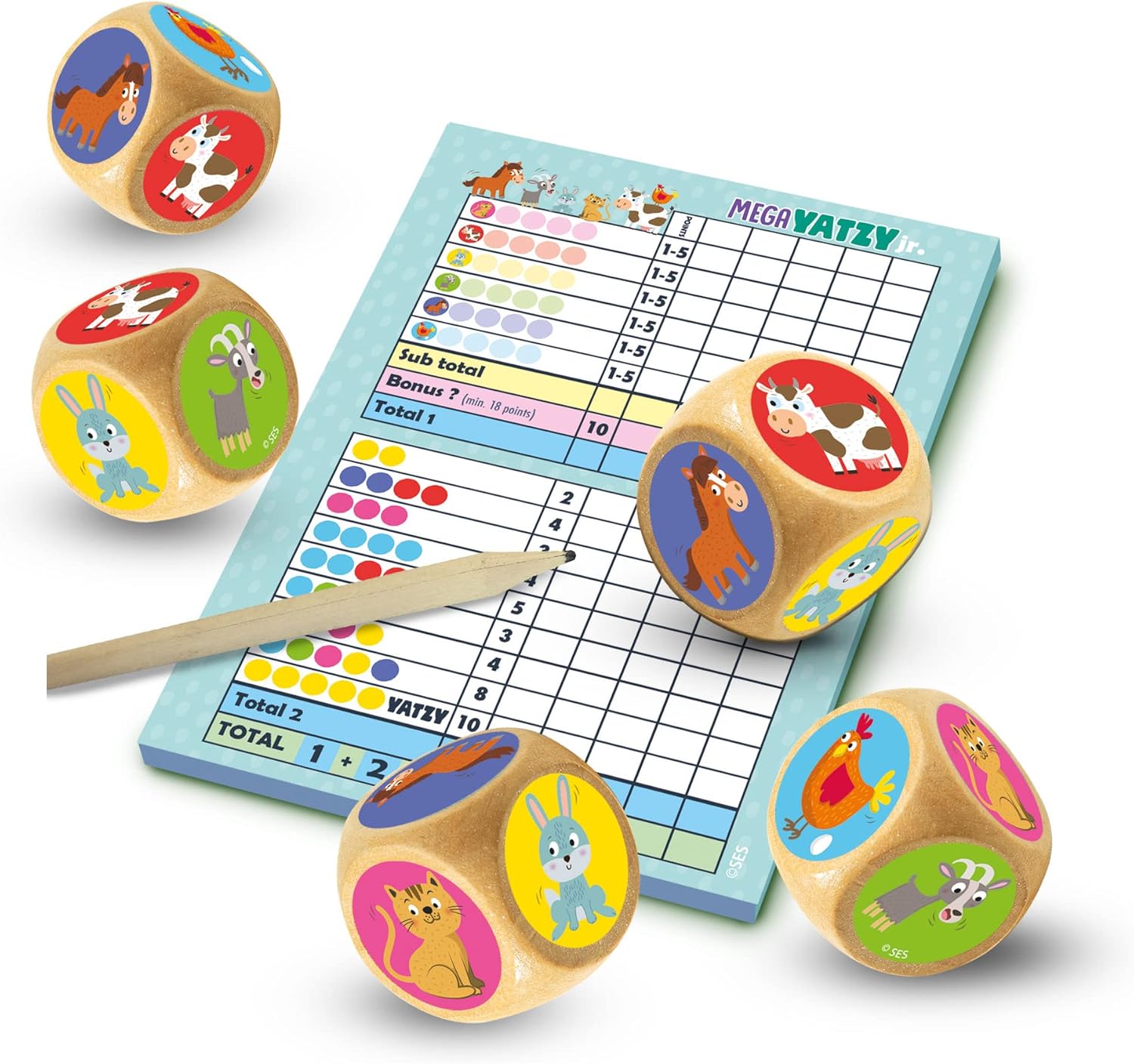 SES Creative 02294 - Mega-Yatzy Junior, 5 extragroße Holzwürfel, Gartenspiel für Kinder, Weiß
