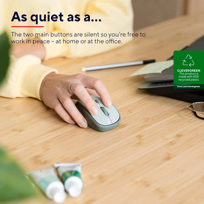 Trust Yvi+ Silent Wireless Mouse, Sustainable Design, 800-1600 DPI, For Left and Right Hand Users, Storable USB Micro Receiver, Quiet Compact Computer Mouse for PC, Laptop, Mac, Home Office