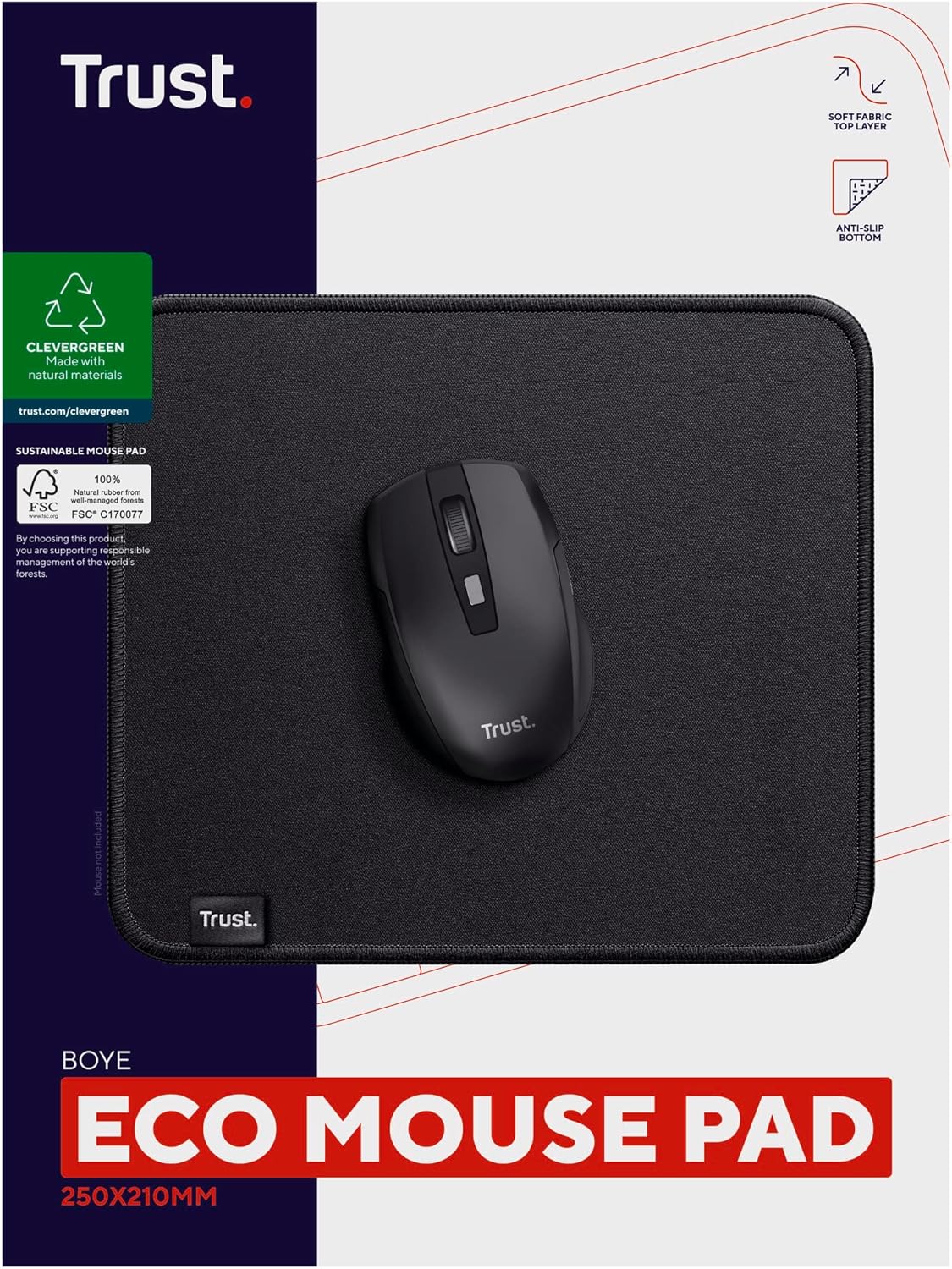 Trust Boye Mouse Pad, Sustainable Design, Rubber Anti-slip Bottom, 250 x 210 x 3mm, Mouse Mat with Stitched Edge, Machine Washable, Office Mouse Pad for Work, Home Office