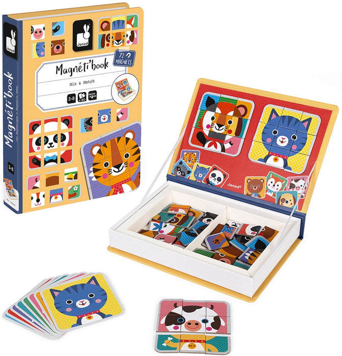 Janod - Magnéti'Book Mix & Match - Magnetic Educational Game, Animal Theme - 8 Animals to Put Together - 72 Magnets, Many Combinations & Possible Creations - from 3 Years Old, J02587