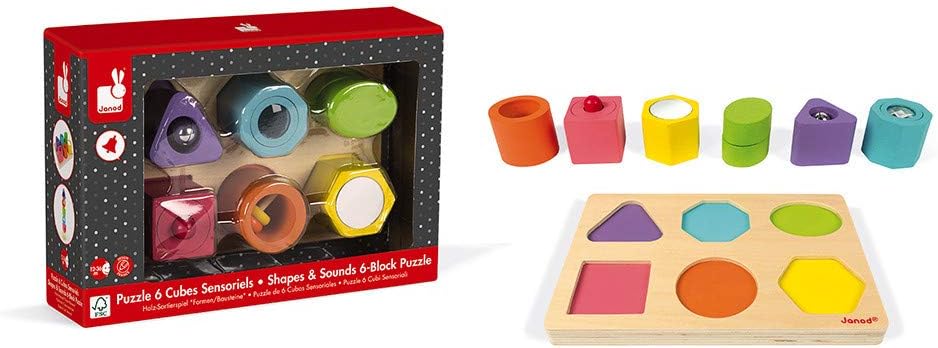 Janod - I Wood Sensory 6-Block Wooden Puzzle - Educational Toys - Learning Shapes and Colours - Water-Based Paint - Fsc Certified - from 1 Year Old, J05332