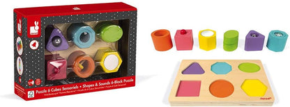 Janod - I Wood Sensory 6-Block Wooden Puzzle - Educational Toys - Learning Shapes and Colours - Water-Based Paint - Fsc Certified - from 1 Year Old, J05332