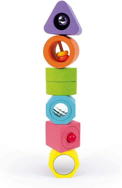 Janod - I Wood Sensory 6-Block Wooden Puzzle - Educational Toys - Learning Shapes and Colours - Water-Based Paint - Fsc Certified - from 1 Year Old, J05332