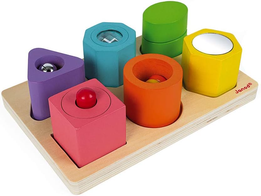 Janod - I Wood Sensory 6-Block Wooden Puzzle - Educational Toys - Learning Shapes and Colours - Water-Based Paint - Fsc Certified - from 1 Year Old, J05332