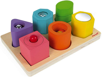 Janod - I Wood Sensory 6-Block Wooden Puzzle - Educational Toys - Learning Shapes and Colours - Water-Based Paint - Fsc Certified - from 1 Year Old, J05332