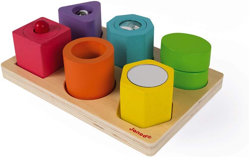 Janod - I Wood Sensory 6-Block Wooden Puzzle - Educational Toys - Learning Shapes and Colours - Water-Based Paint - Fsc Certified - from 1 Year Old, J05332