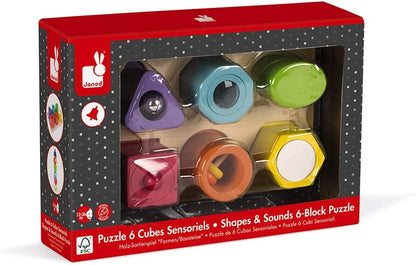 Janod - I Wood Sensory 6-Block Wooden Puzzle - Educational Toys - Learning Shapes and Colours - Water-Based Paint - Fsc Certified - from 1 Year Old, J05332