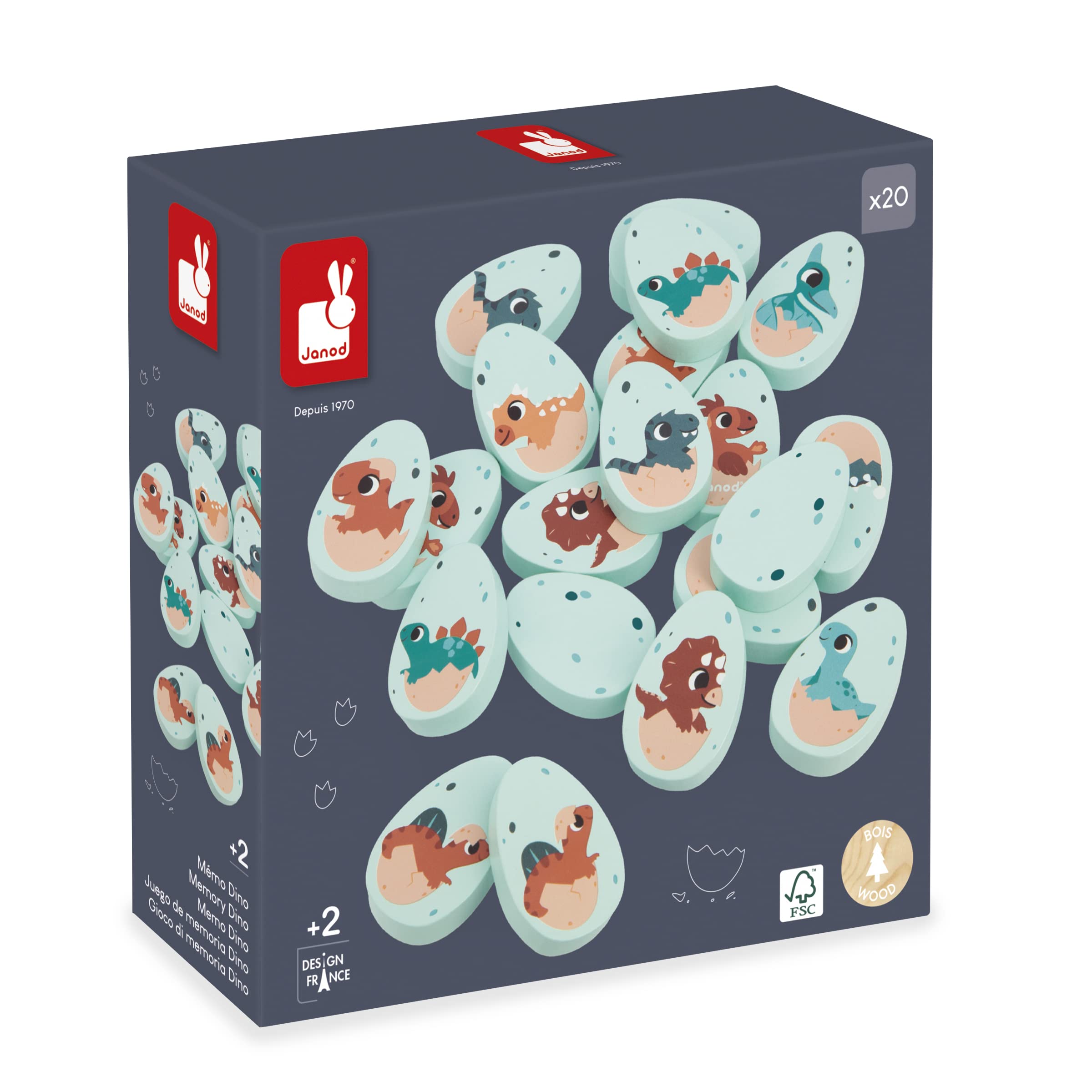 Janod Game-20 Egg-Shaped Wooden Pieces-10 Pairs of Baby Dinosaurs-Children’s Memory Game-24 Months +, J05826, Multicolor