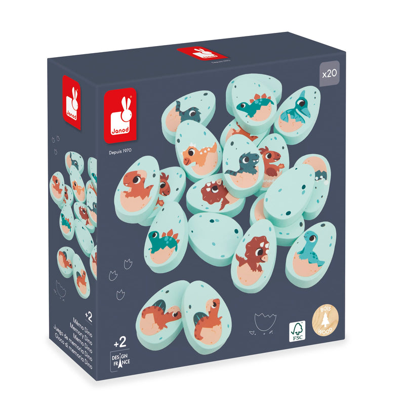 Janod Game-20 Egg-Shaped Wooden Pieces-10 Pairs of Baby Dinosaurs-Children’s Memory Game-24 Months +, J05826, Multicolor