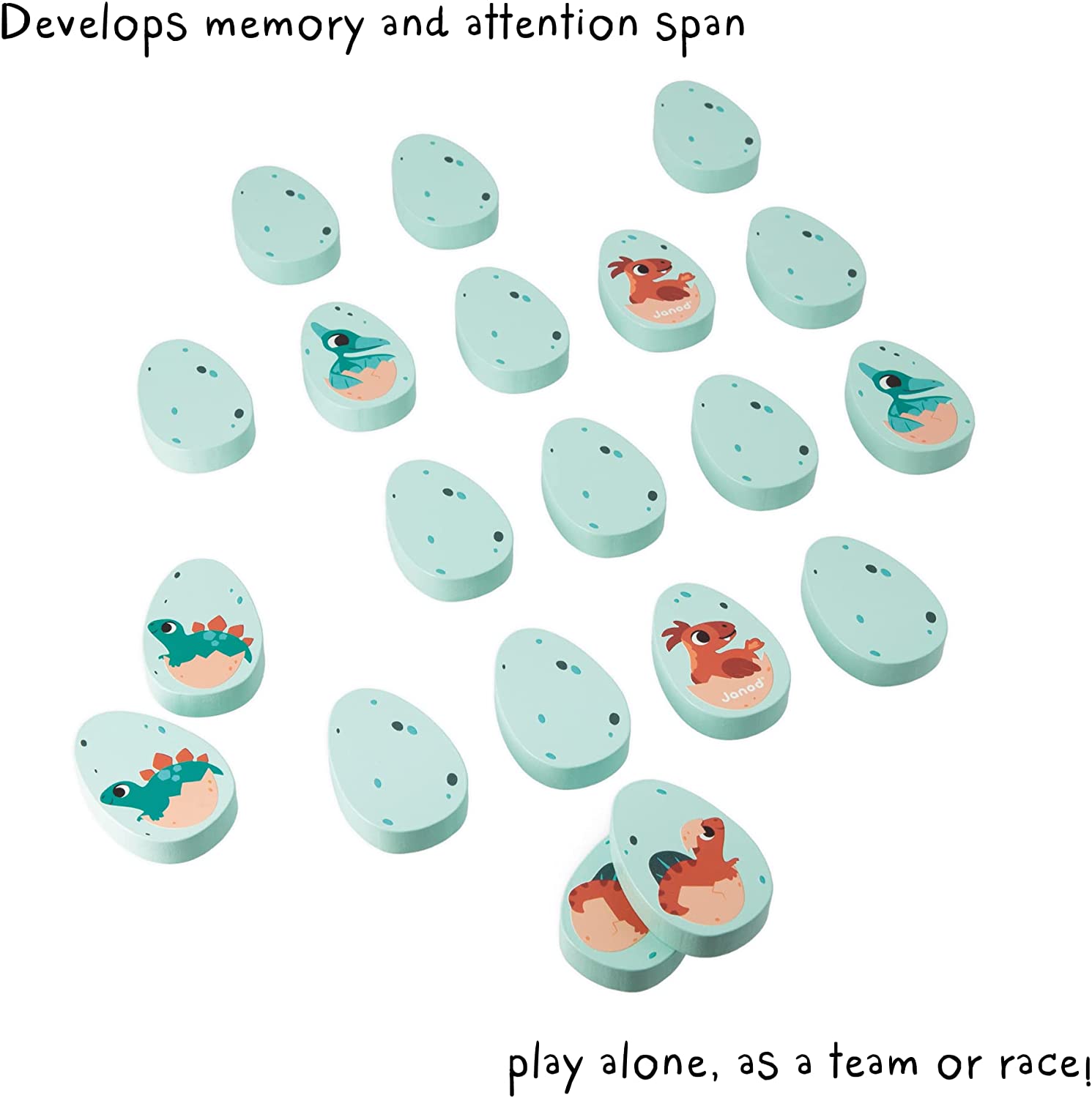 Janod Game-20 Egg-Shaped Wooden Pieces-10 Pairs of Baby Dinosaurs-Children’s Memory Game-24 Months +, J05826, Multicolor