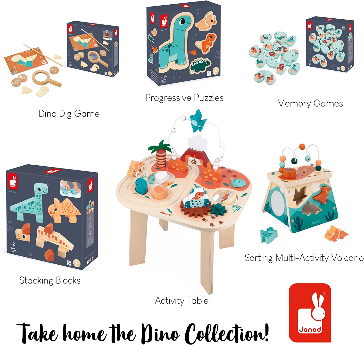Janod Game-20 Egg-Shaped Wooden Pieces-10 Pairs of Baby Dinosaurs-Children’s Memory Game-24 Months +, J05826, Multicolor