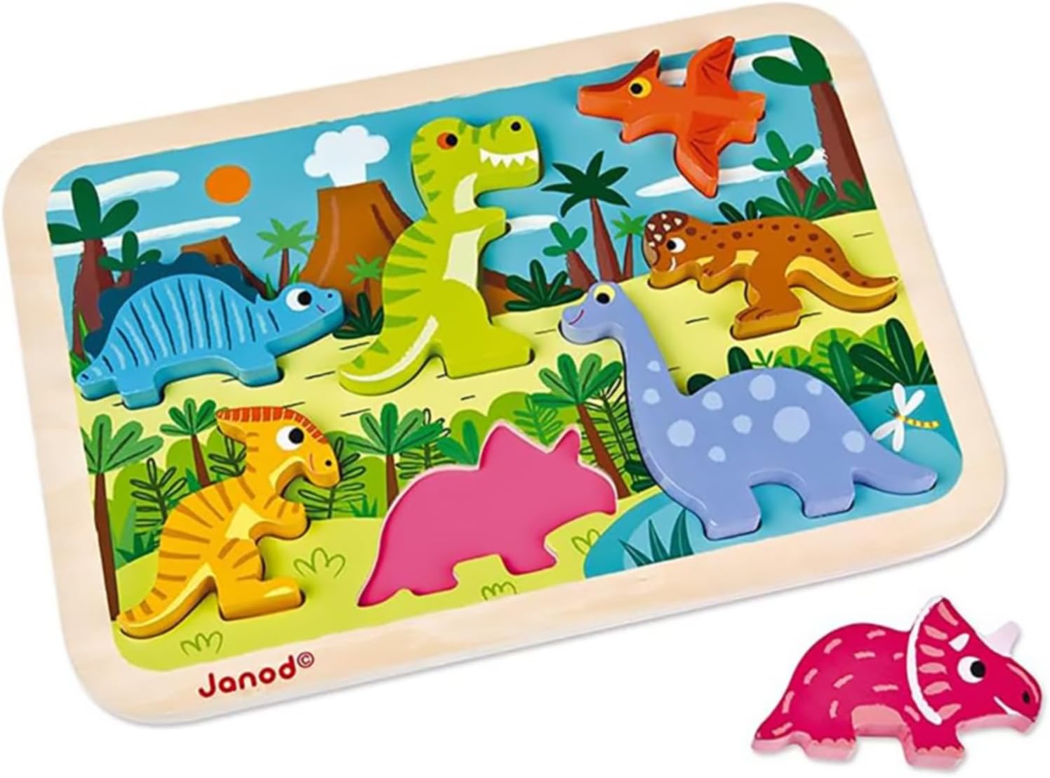 Janod - Chunky Wooden Dinosaurs Puzzle - 7 Pieces - Fine Motor Skills Development and Concentration - From 18 Months, J07054